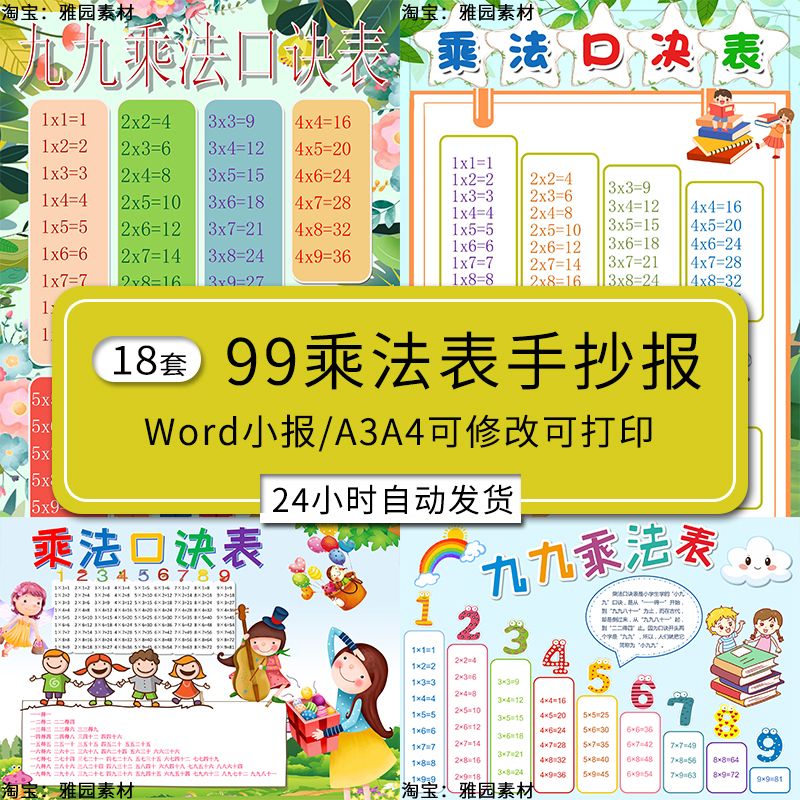 乘法口诀手抄报模板小学生九九乘法表黑白线稿电子版小报a4可打印