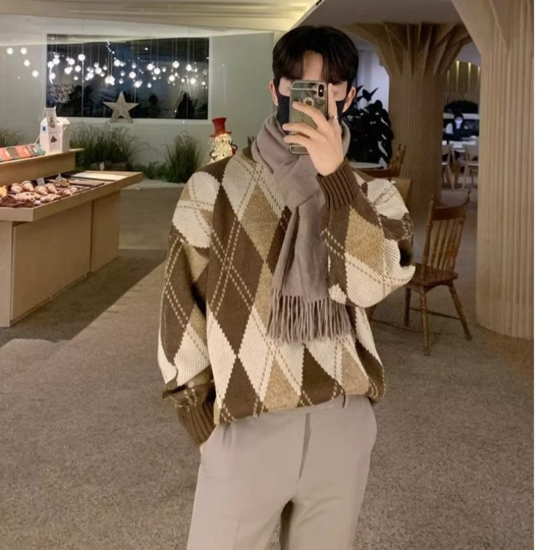 格子毛衣男女春秋冬款宽松慵懒风韩版情侣套头加厚针织衫外套潮