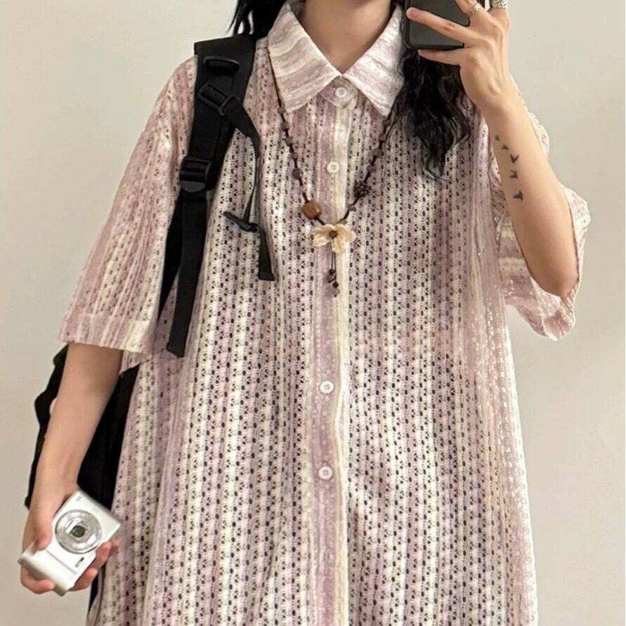男士衬衫复古设计美式新款夏季镂空潮流短袖宽松休闲翻领薄款衬衣