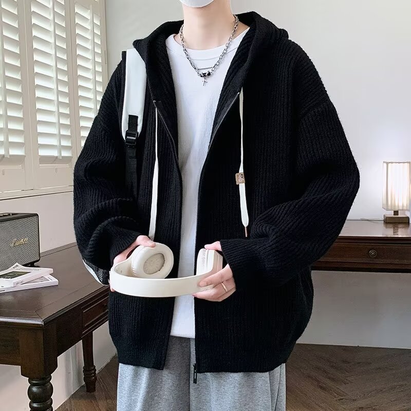 日系复古纯色连帽针织开衫男女款针织衫/毛衣
