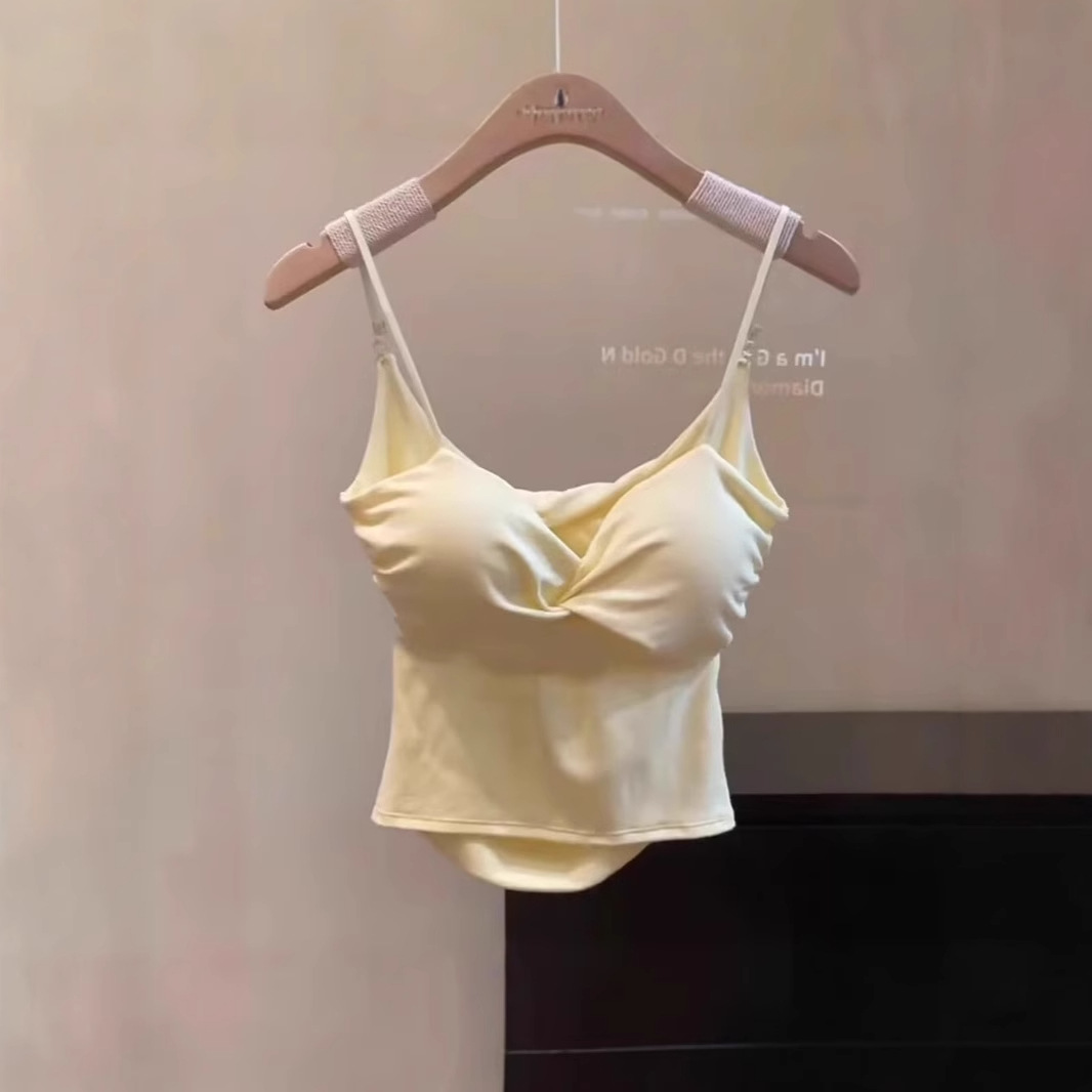 白色蝴蝶结美背吊带背心女带胸垫内搭辣妹褶皱上衣夏季外穿