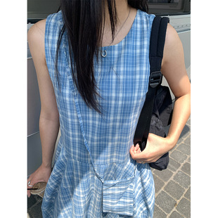 连衣裙甜美减龄花苞收腰长裙 韩系田园风复古蓝格无袖