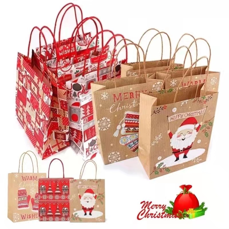 christmas paper gift bag kraft handle santa packing box