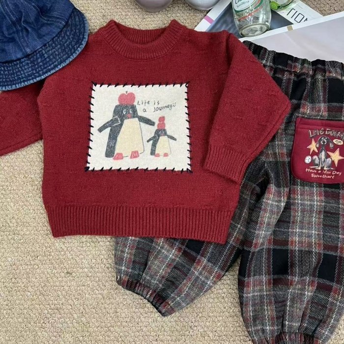 男女童冬季圆领可爱卡通企鹅上衣男宝休闲宽松毛衣加绒格子收脚裤,童装/婴儿装/亲子装,毛衣/针织衫,淘宝优惠券,粉丝福利购,淘宝优惠卷