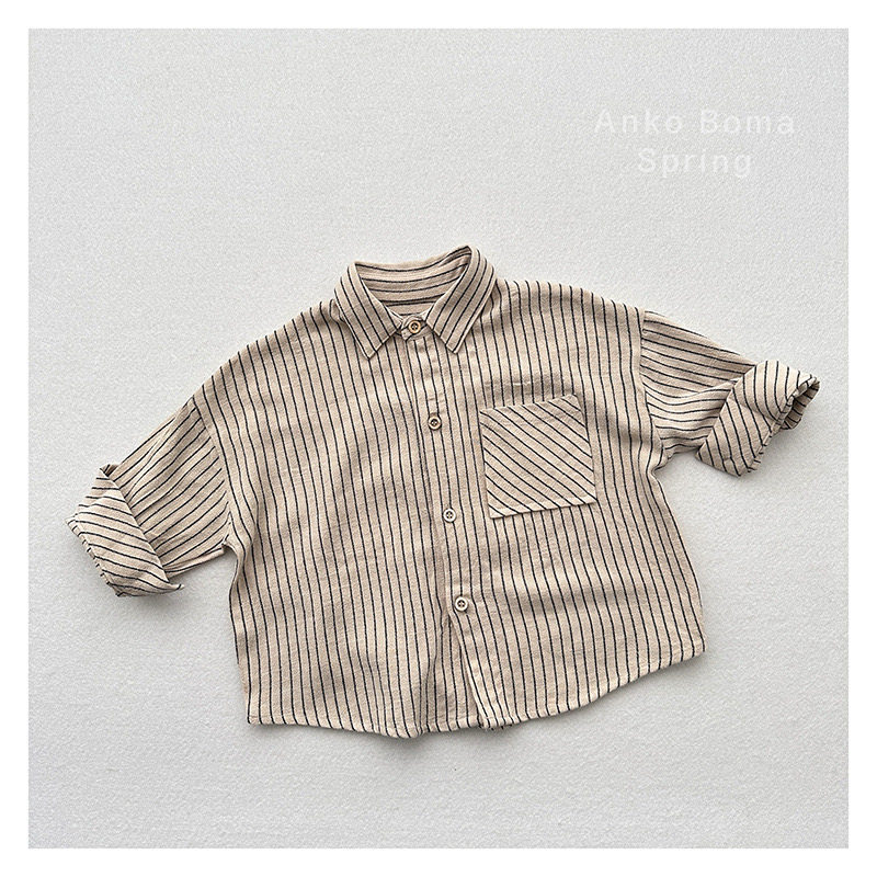 棉麻条纹~春秋新款韩版儿童文艺范翻领竖条纹衬衫男女童软糯衬衣
