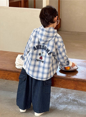秋季男童卡通印花连帽蓝色格子衬衫外套+卡通印花T恤+牛仔阔腿裤