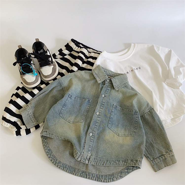 秋季韩系童装潮宝穿搭 男女童牛仔衬衫+卡通简约印花T恤+条纹卫裤,童装/婴儿装/亲子装,儿童牛仔衬衫,淘宝优惠券,粉丝福利购,淘宝优惠卷