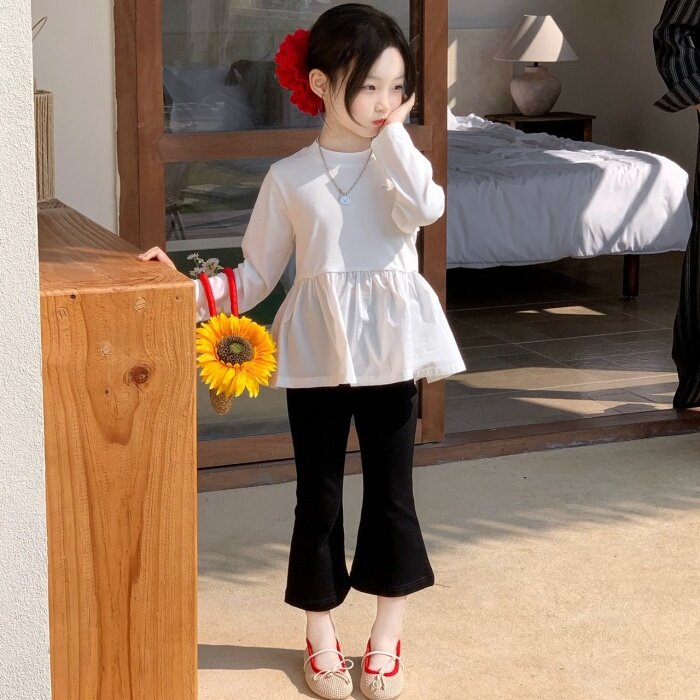 春季女童韩版长袖白色T恤儿童纯色裙摆边洋气上衣+九分黑色打底裤