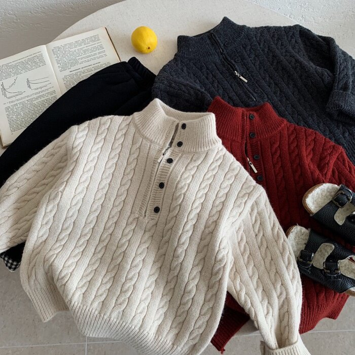 男童加厚半高领麻花毛衣儿童冬装上衣女宝宝宽松休闲纯色打底衫