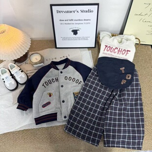 冬季男小童韩系穿搭儿童棒球服棉服外套加绒格子屁帘休闲裤打底衫