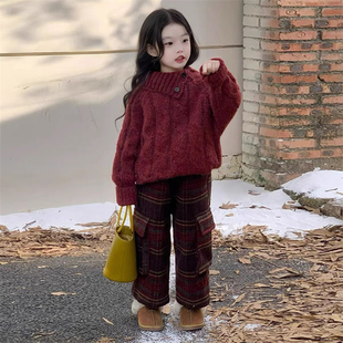 冬季儿童女童洋气圣诞新年红色套头加厚毛衣上衣红格长裤半裙套装