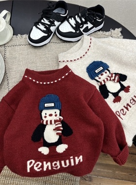 男童红色毛衣儿童冬季加厚宝宝针织线衫上衣小童男孩喜庆过年冬装