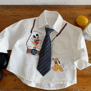 2026春季新款儿童卡通印花白衬衫男童领带衬衣女孩水洗棉上衣开衫