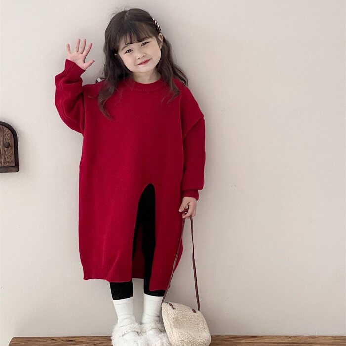 儿童毛线裙子女童冬装新款针织长袖连衣裙韩版宝宝红色新年连衣裙