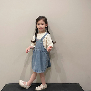夏季新款女童装儿童学院风背带牛仔裙宝宝水洗牛仔刺绣背带裙