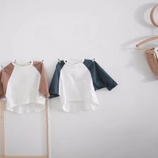 小宽松拼接蝙蝠袖 自留款 韩国儿童纯棉拼色T恤 新款 T恤 春装