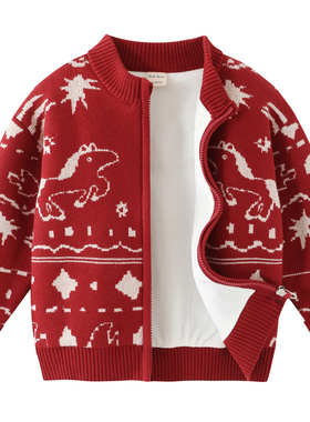 男童加绒毛衣外套冬季儿童红色拉链针织开衫宝宝新年服棉衣袄8237