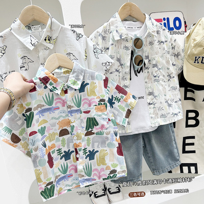 男童纯棉度假风满印卡通短袖衬衫