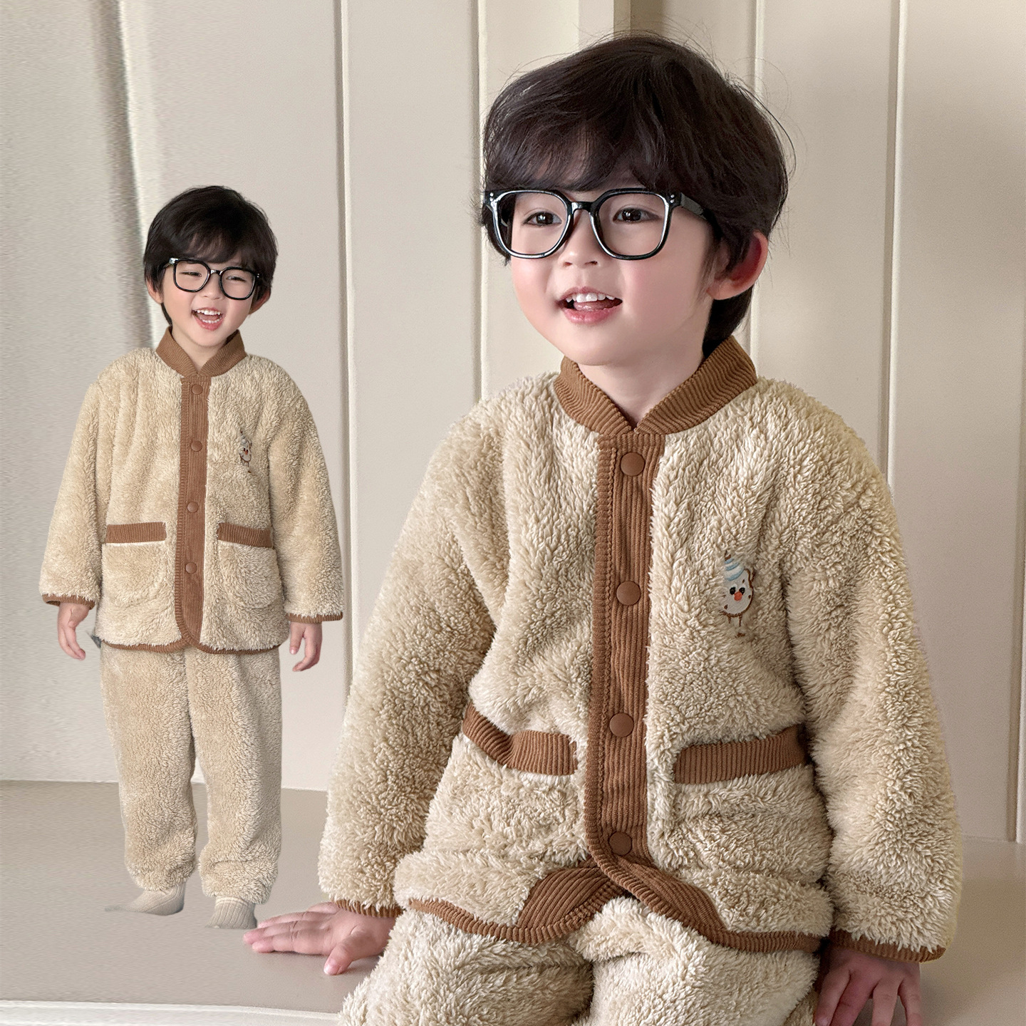 男童舒棉绒睡衣套装秋冬季家居服