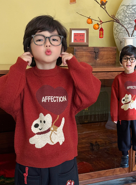 男童圆领毛衣红色新年装2025秋冬季儿童卡通毛线衣节日拜年服8258