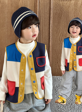 男童彩色拼色马甲2026秋冬季新款儿童摇粒绒保暖背心宝宝坎肩3506