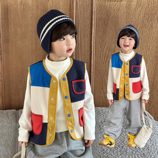 男童彩色拼色马甲2026秋冬季新款儿童摇粒绒保暖背心宝宝坎肩3506