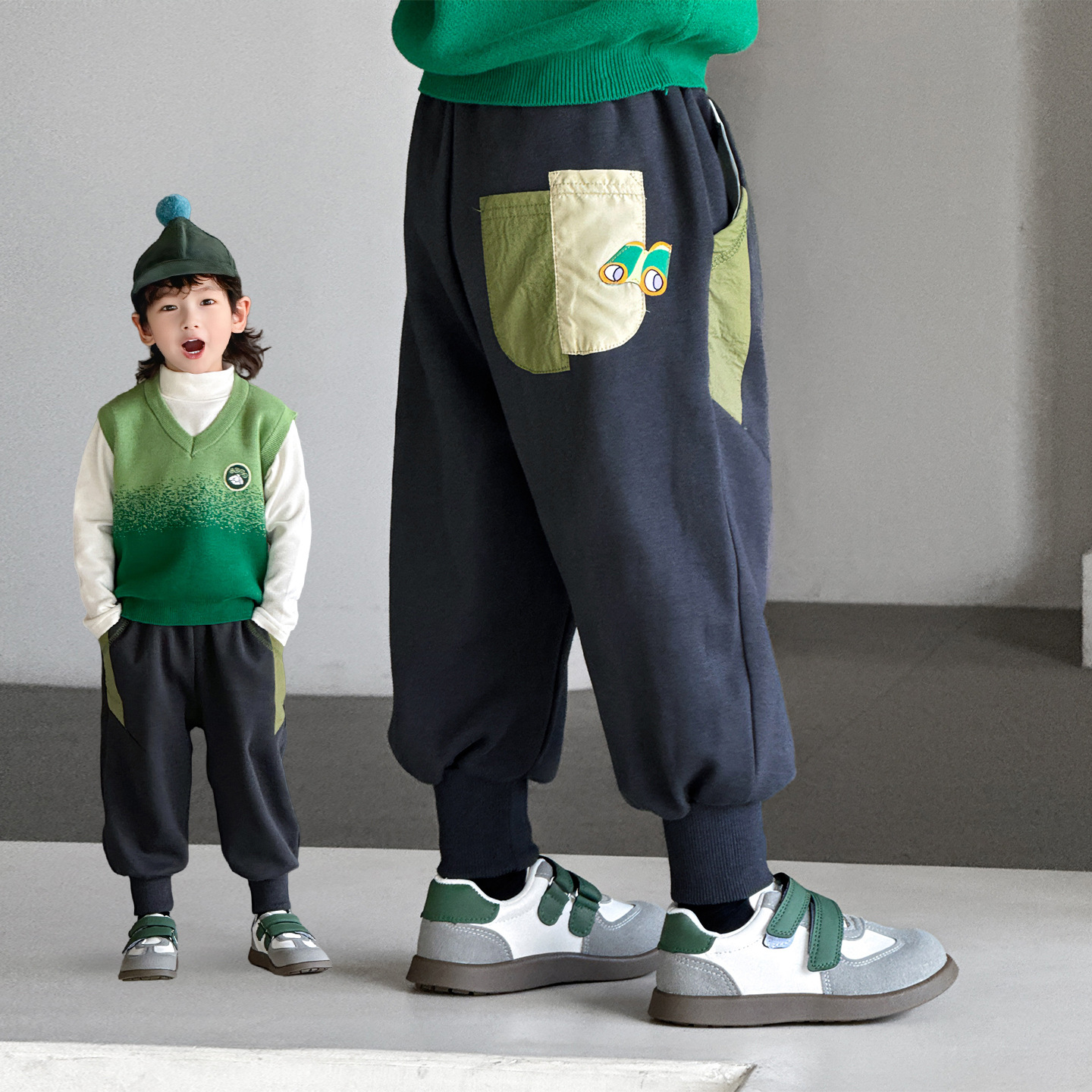 儿童裤子春秋款拼接撞色针织卫裤