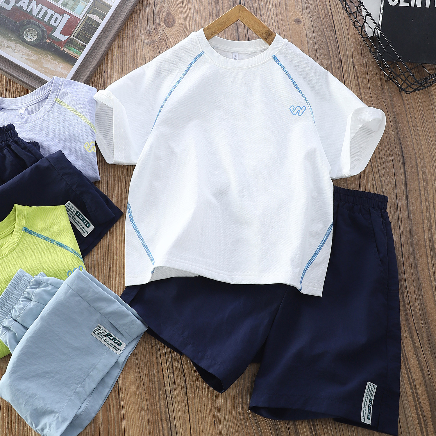 男童冰感速干运动套装夏季儿童透气薄款短袖T恤衫运动中裤2件5876