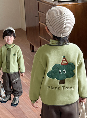 男童摇粒绒外套2025秋冬新款儿童开衫卫衣宝宝纯色卡通上衣7156