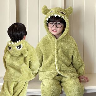 新款 秋季 衣服5762 儿童珊瑚绒加绒加厚家居服套装 男童睡衣秋冬款