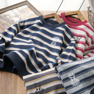 男童条纹圆领卫衣加绒秋冬季中大童一体绒休闲上衣儿童打底衫2953