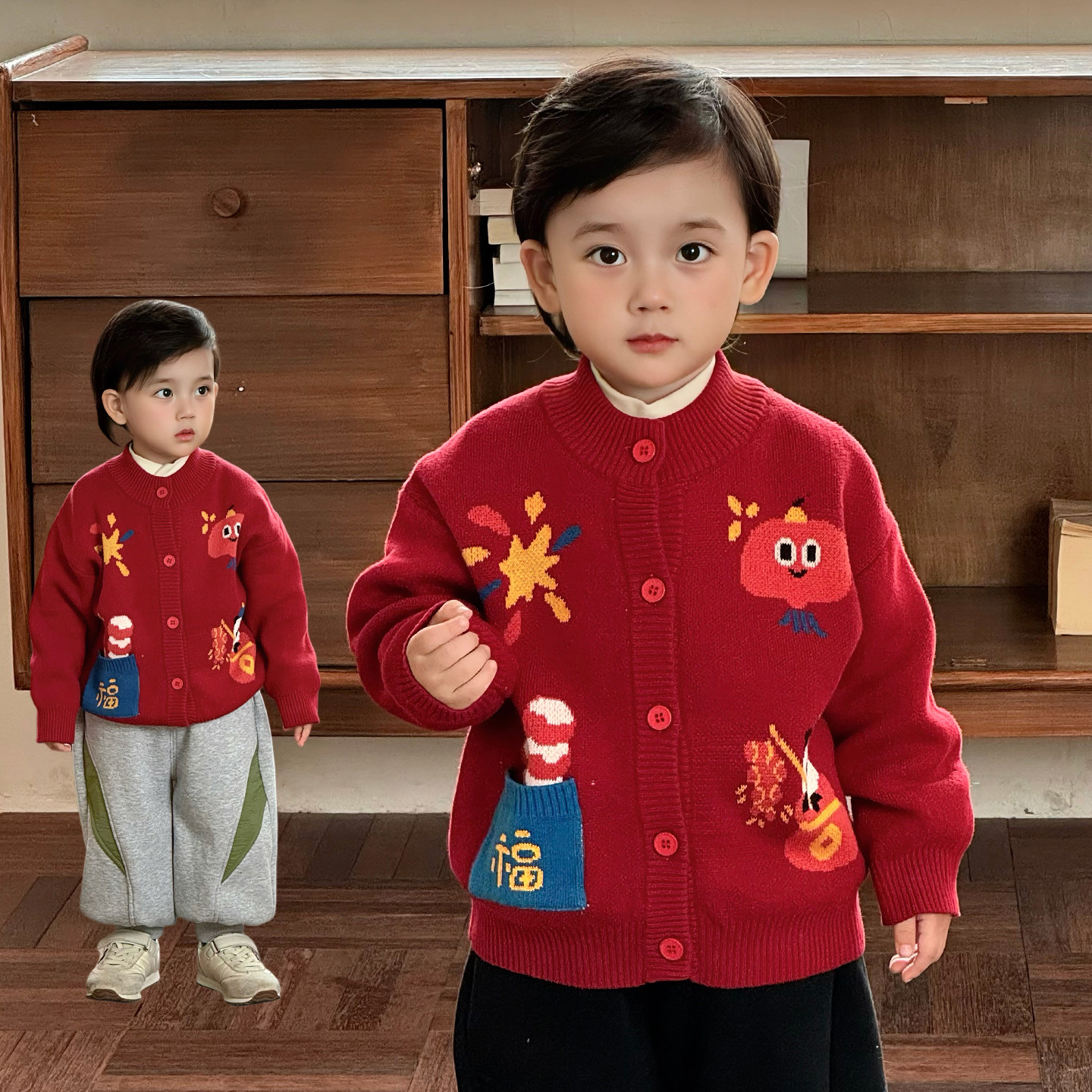 男童红色毛衣2025冬儿童加厚针织衫开衫外套新年毛线衣拜年服8251