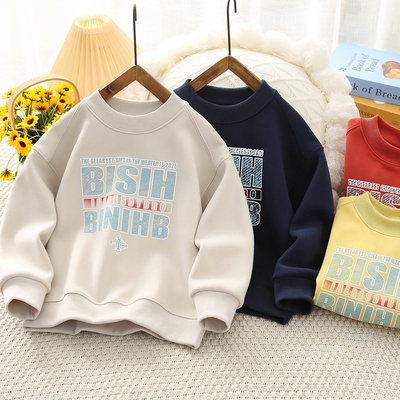 秋冬季男童一体绒圆领保暖卫衣