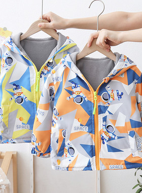 男童加绒外套2025春秋季装儿童冲锋衣卡通防风衣连帽拉链开衫7629
