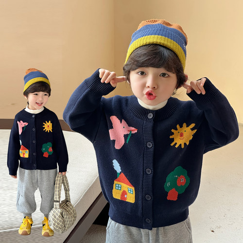 秋冬季男童纯棉卡通针织开衫外套