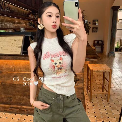 Okaaay调皮小野猫夏季修身设计感无袖上衣女桑蚕丝华夫格背心