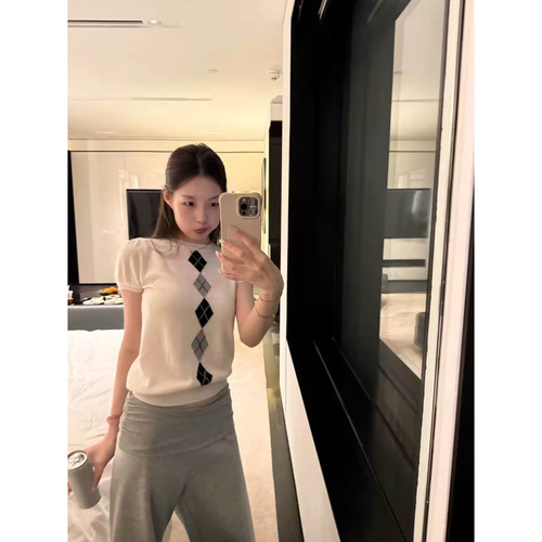 oker韩国货高品质菱形格针织短袖T恤女春季新款韩版宽松气质上衣