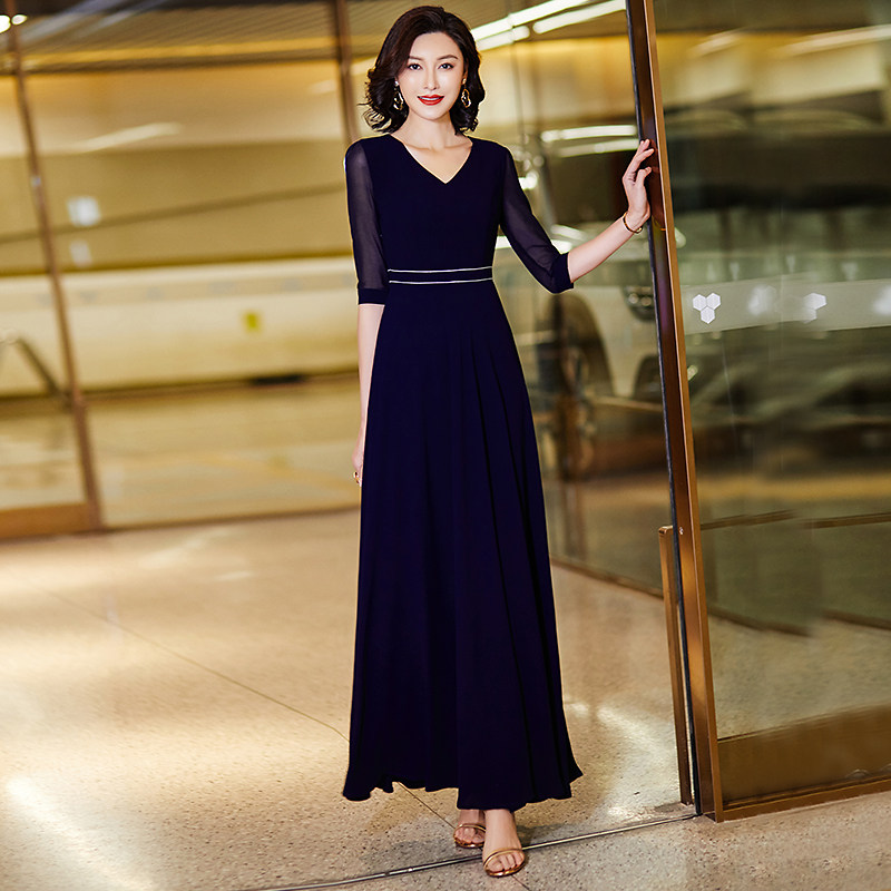 2022年春季新款裙子女夏简约拼接v领雪纺修身显瘦连衣裙长裙长款