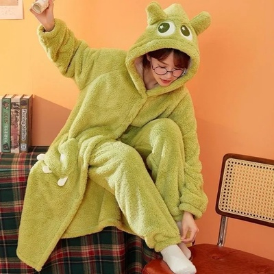 可爱卡通绿怪兽连帽保暖睡袍套装