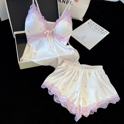 甜美蕾丝花边带胸垫家居服两件套