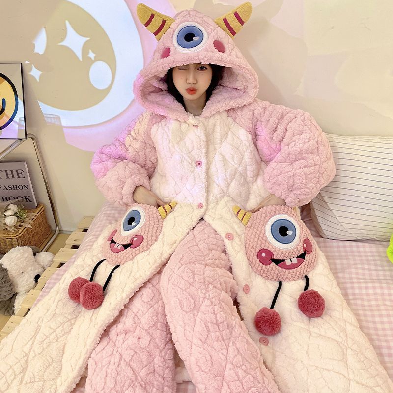 可爱卡通粉眼怪连帽家居服两件套