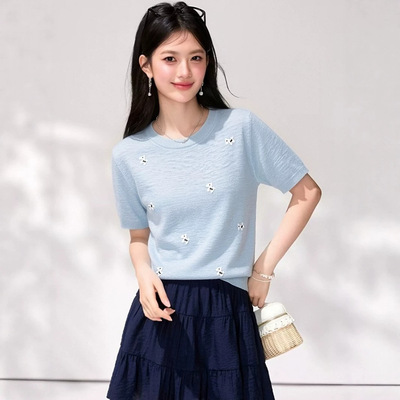 短袖t恤女2026新款夏季薄款独特绝美小马刺绣冰丝针织衫显瘦上衣