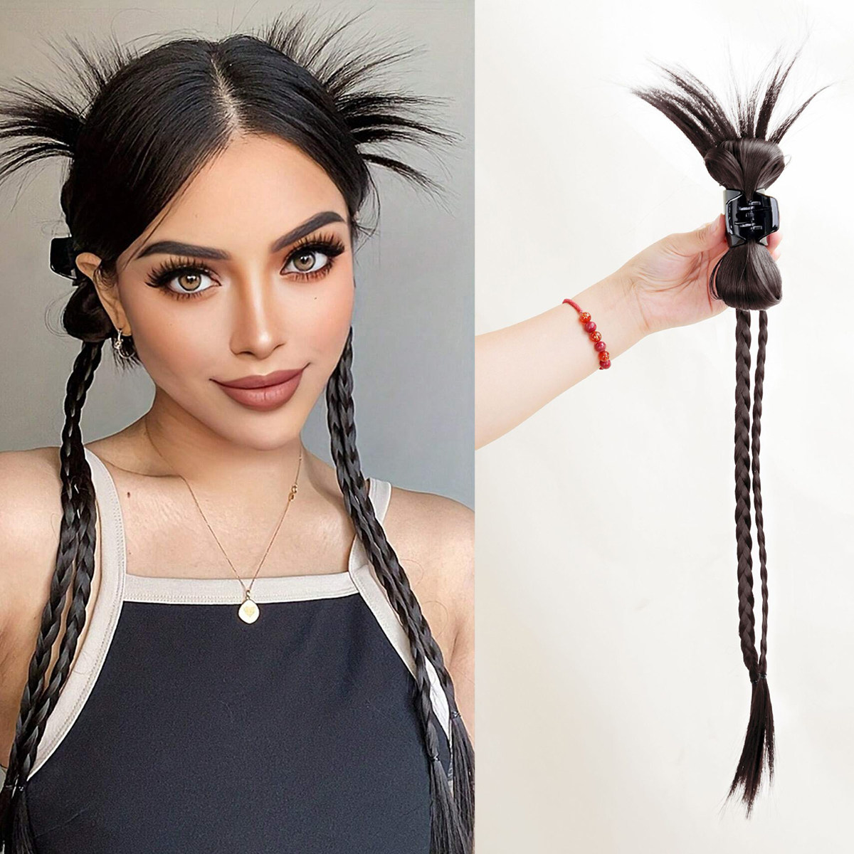 美式假发辫子女甜酷辣妹蝴蝶结鸡毛抓夹毽子头拳击辫双马尾假发辫