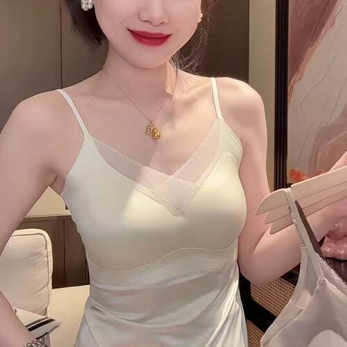春夏新款蕾丝深V一体杯缎面美背女带胸垫无痕裸感大V背吊带背心