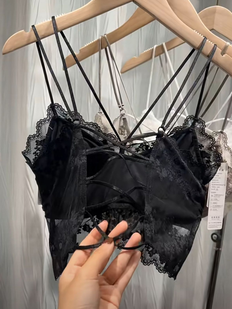 2024夏季新款时尚带胸垫交叉背带法式蕾丝美背女聚拢短款吊带内搭