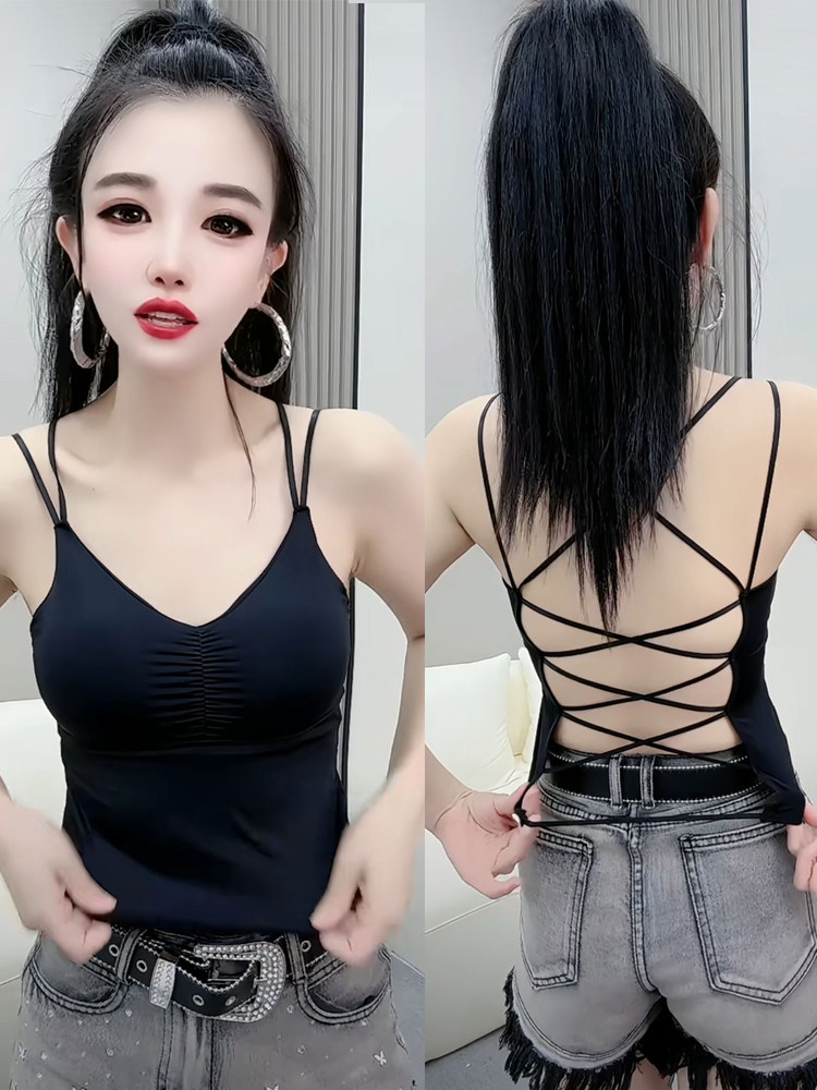2024夏季新款时尚交叉后背带胸垫冰丝吊带女百搭薄款内搭美背背心