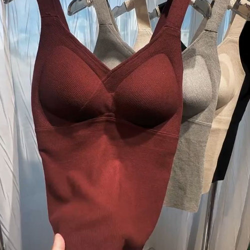 2025秋冬新款磨毛加绒中长款吊带背心带胸垫亲肤V领保暖美背内衣