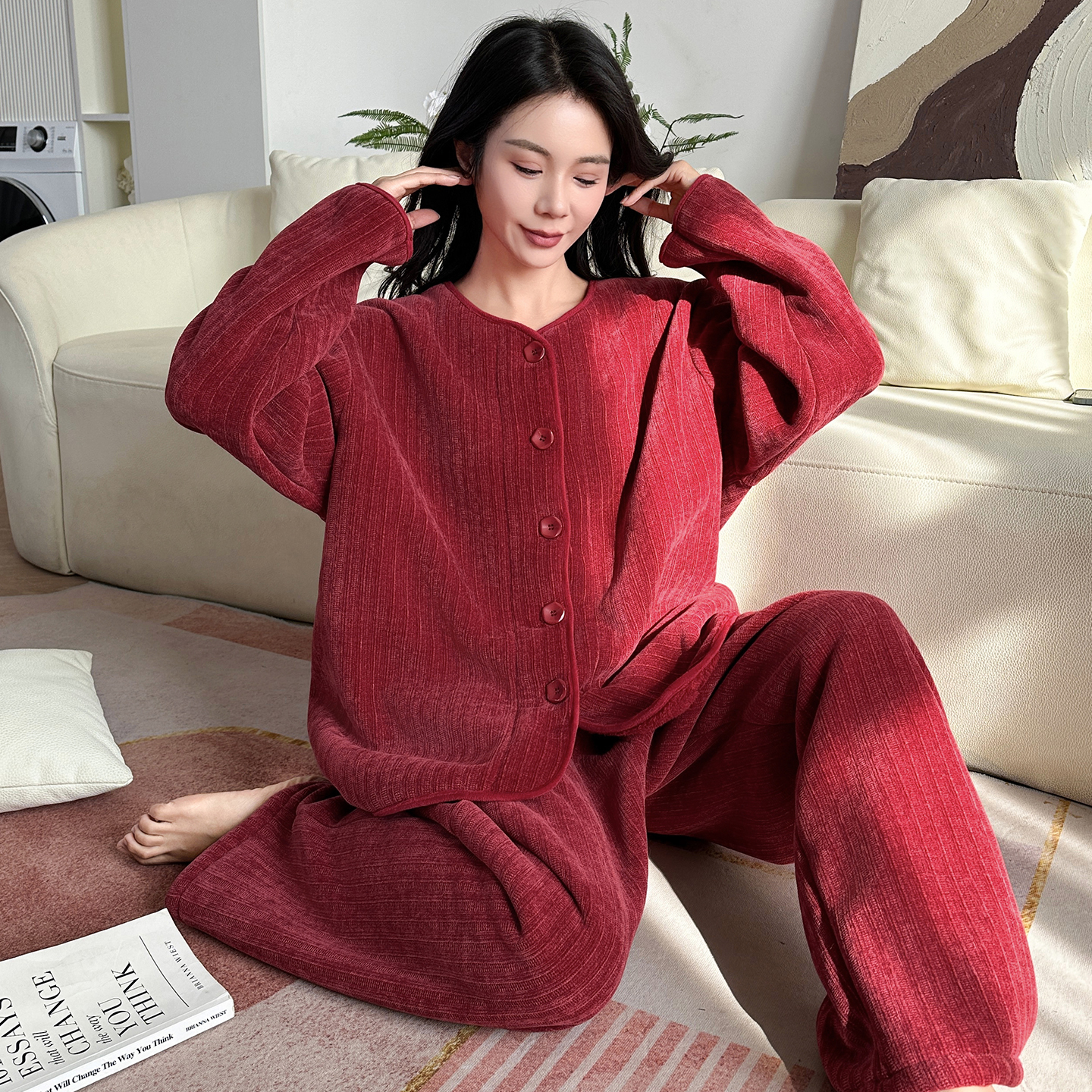 冬季加绒加厚大码珊瑚绒睡衣女