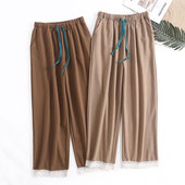 家居裤 全棉睡裤 可外穿 蕾丝遛弯裤 纯棉200斤九分裤 大码 女胖mm夏季