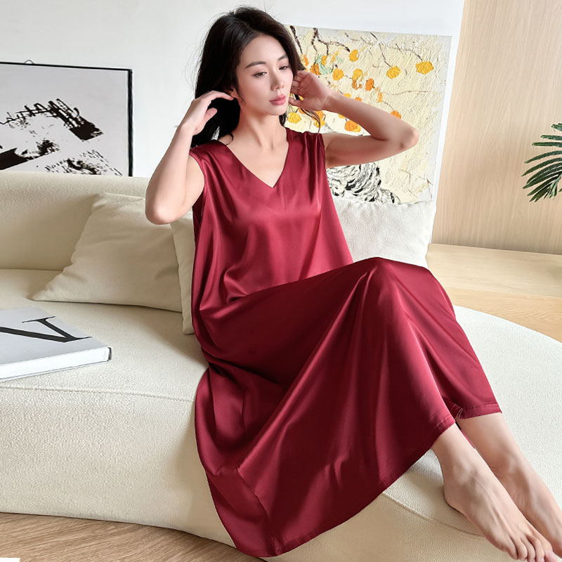 夏季胖mm大码女士睡裙长款冰丝红色家居裙睡衣薄款200斤加肥加大